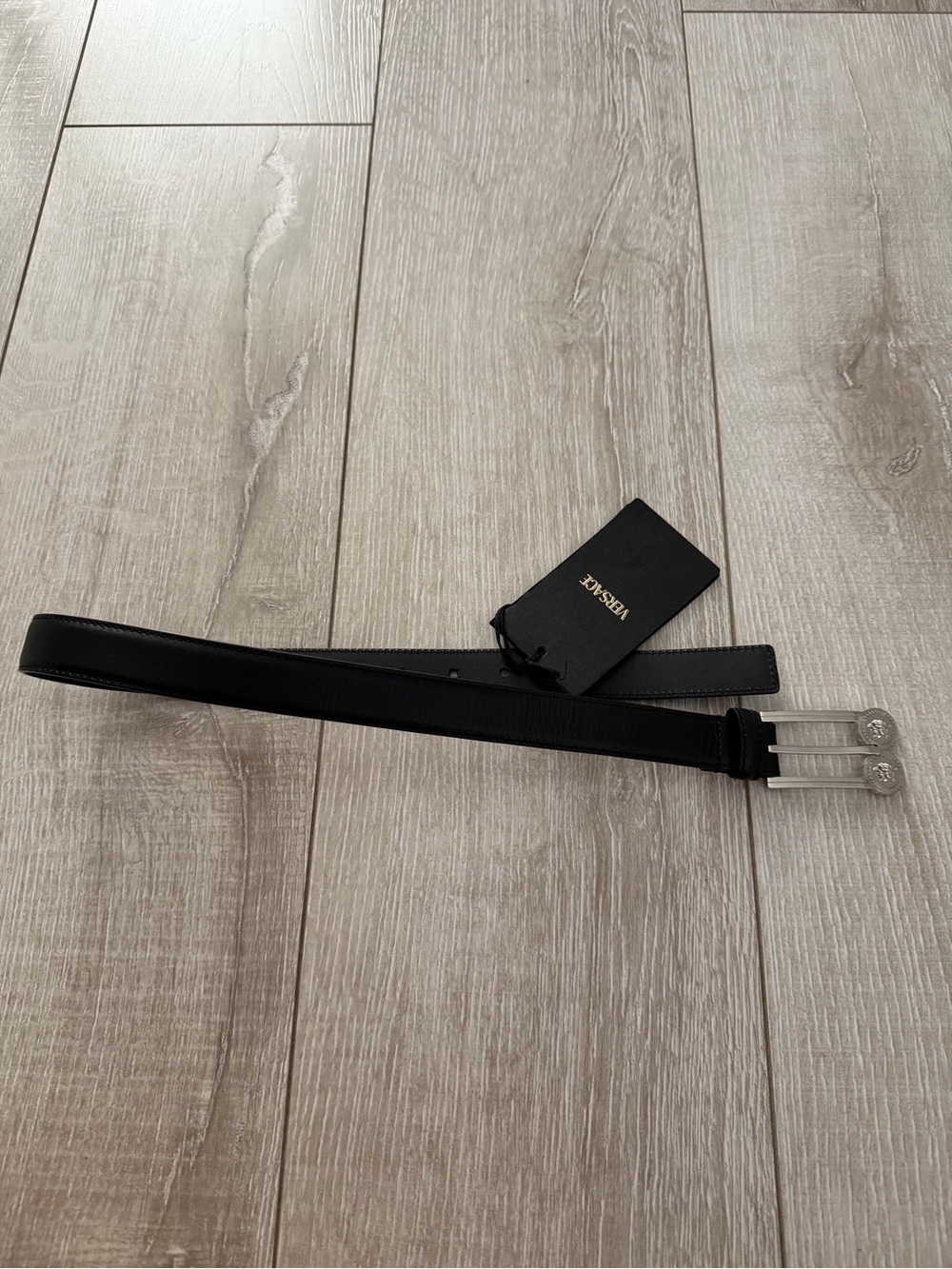 Versace double medusa Black Leather Belt with Silver Twin-Prong Buckles women 24